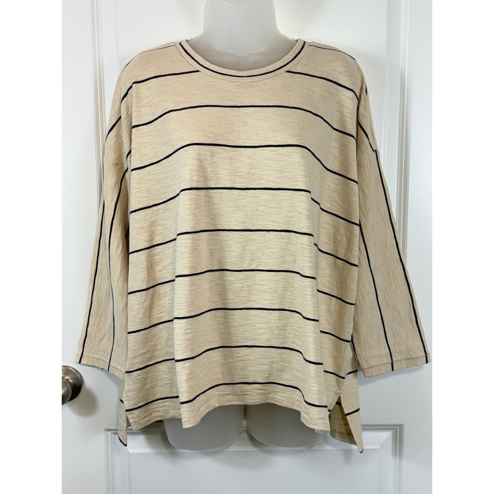 NWT Lou & Grey Striped Long Sleeve Knit Top Barely Beige Small Cotton Blend - Picture 1 of 13